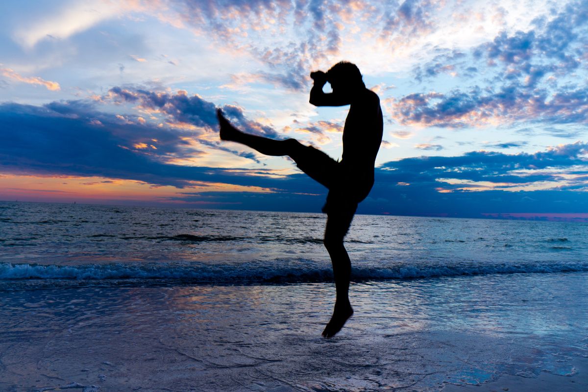 Martial Artist kicks at sunrise